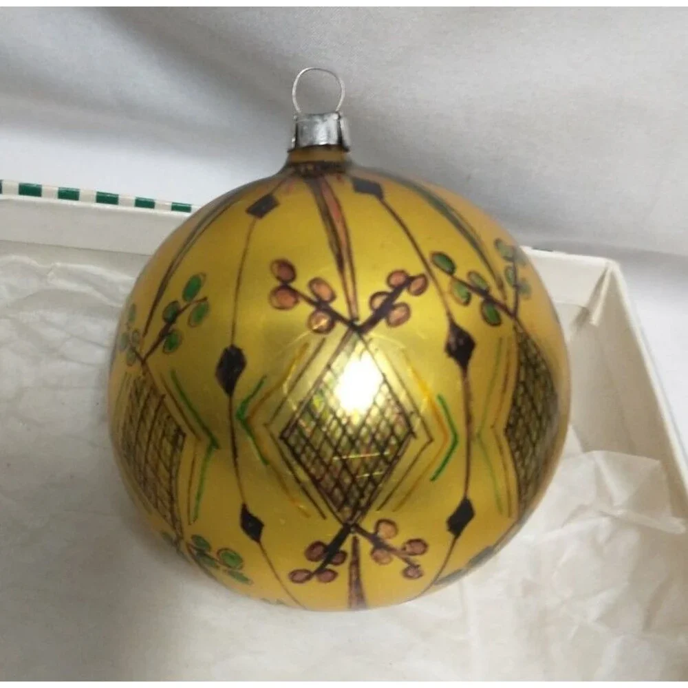 Artist Signed Gold Handpainted Blown Glass Christmas Ornament WEST GERMANY